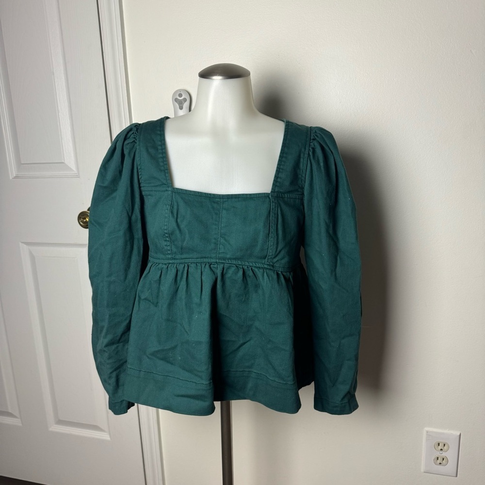 ULLA JOHNSON COTTON DENIM PEMBLUM TOP GREEN SMALL